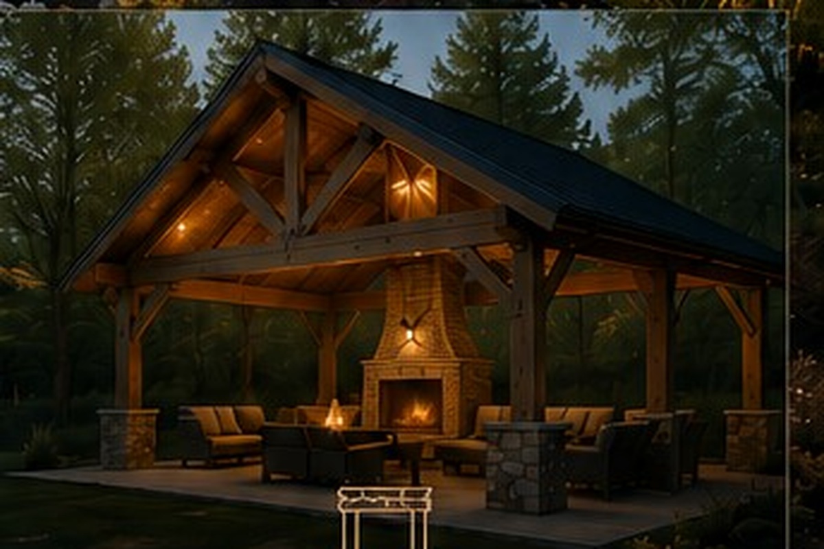 Covered outdoor living structure with fireplace